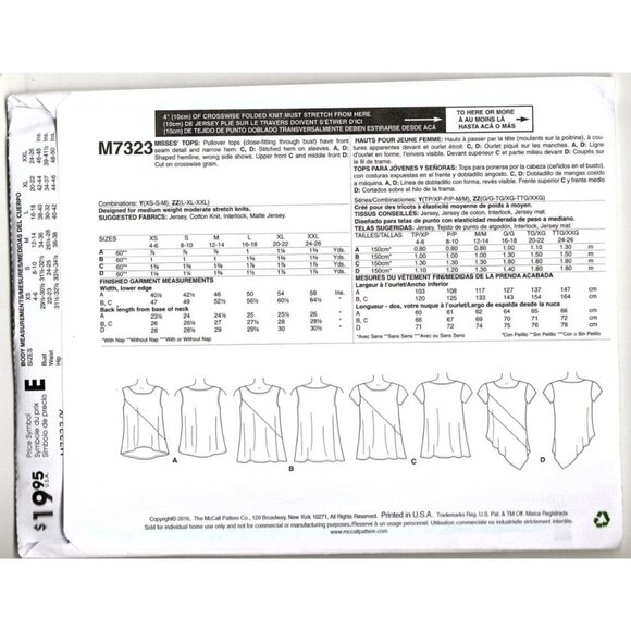 McCall's M7323 Misses XS to M Tops and Tunics Uncut Sewing Pattern New - Picture 2 of 8